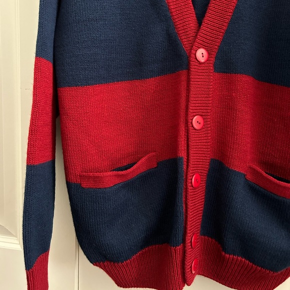 Vintage Graphix Sweater 90s Red and Navy Striped Knit Cardigan Sweater L - Picture 3 of 8